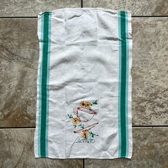 Vintage Embroidered Tea Towel China Teacup Flowers Striped Green Turquoise - Picture 4 of 5